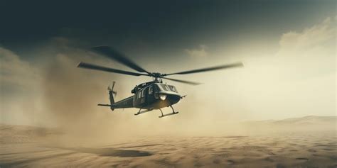 Premium Photo A Helicopter Flies Over A Sand Military