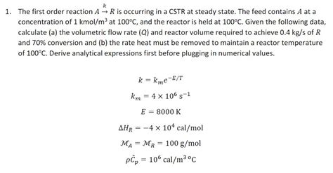 Solved The First Order Reaction A R Is Occurring In A Cstr Chegg