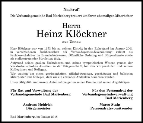 Traueranzeigen von Heinz Klöckner rz trauer de