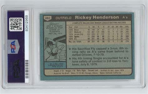 Rickey Henderson Signed Topps Rookie Baseball Card Psa Auto