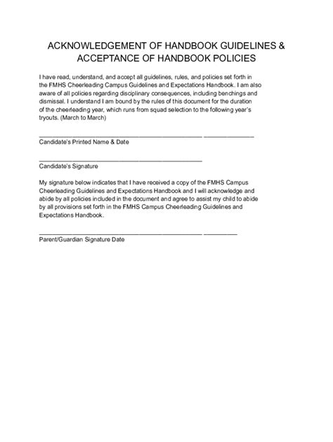 Fillable Online ACKNOWLEDGEMENT OF HANDBOOK GUIDELINES Fax Email