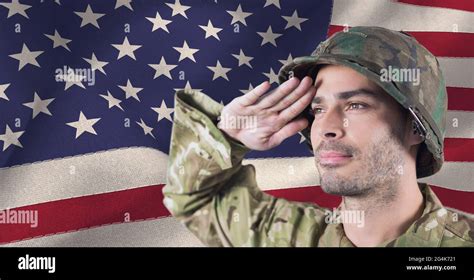 Composition Of Male Soldier Saluting Over American Flag Stock Photo Alamy