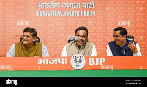 NEW DELHI INDIA MARCH 2 BJP Leaders Vinod Tawde Baijayant Jay