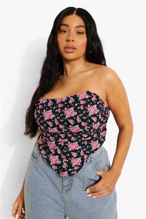 Black Plus Floral Corset Bandeau Detail Top Boohoo Uk