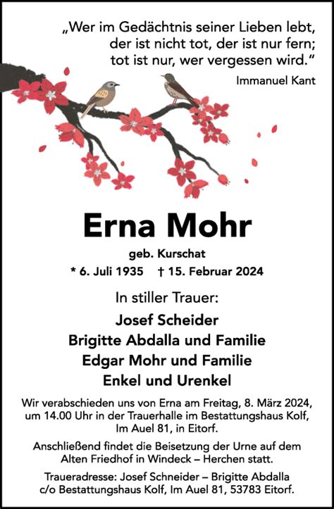 Traueranzeigen Von Erna Mohr Rz Trauer De