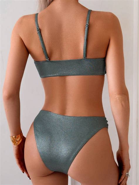 Women Solid Color Spaghetti Strap Bikini Top And Bottom Bikini Set Summer SHEIN USA