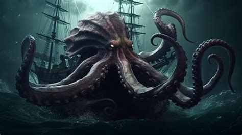 Um Monstro Polvo Kraken Gigante Atacando Um Navio Pirata No Oceano