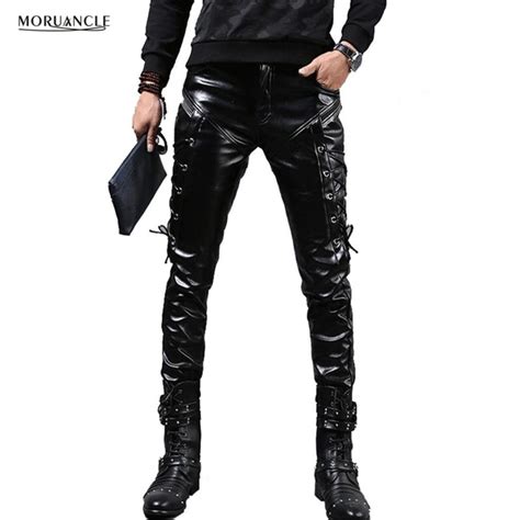 2019 New Winter Mens Skinny Black Pants Biker Leather Pants Fashion