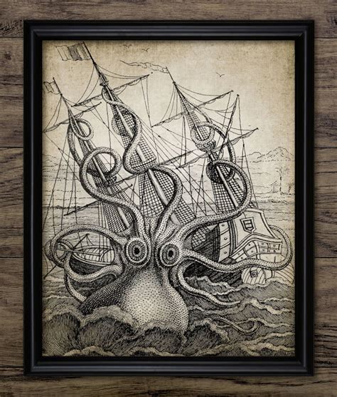 Kraken Sea Monster Bathroom Wall Art, Printable Octopus, Legendary Sea ...