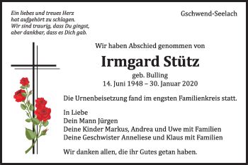 Traueranzeigen von Irmgard Stütz Südwest Presse Trauer