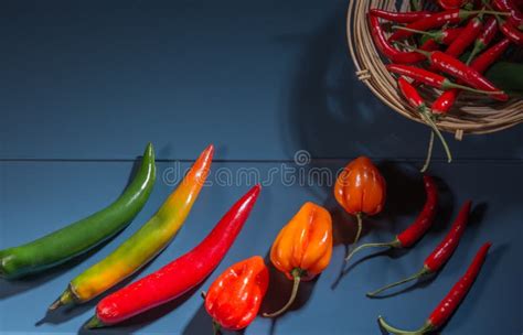 Chilli Pepper, Different Types and Colors, with Copy-space and Blue ...