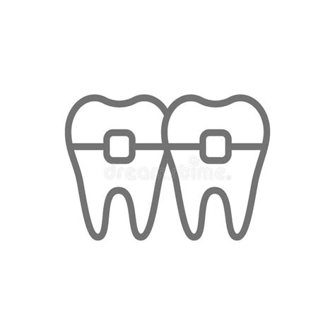 Teeth With Braces Orthodontics Brackets Line Icon Stock Vector