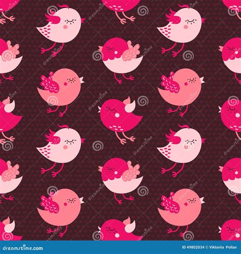 Pink Cartoon Birds Seamless Vector Pattern On Dark Background Stock