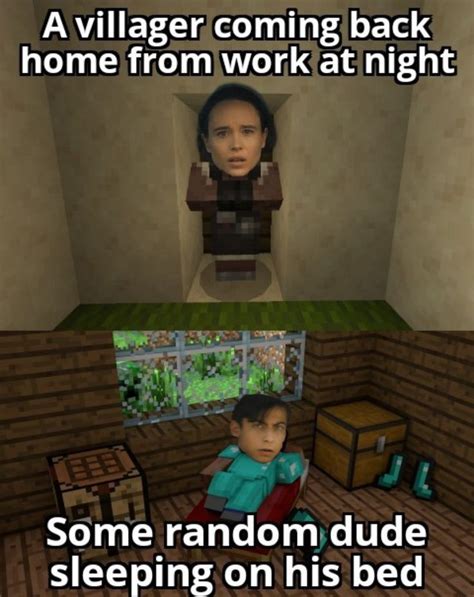 A Villager Coming Back Home From Work At Night In Minecraft Minecraft Jokes Minecraft Funny