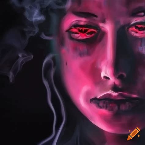 Semi Abstract Painting Of A Young Woman With Glowing Pink Eyes In A