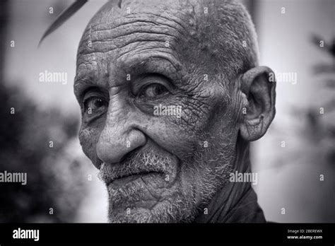 Black And White Portrait Of Old Man Close Up View Of Elderly Wrinkled