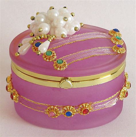 Pink Oval Jewelry Box Decorated with Beads,stone and Ribbon on Top