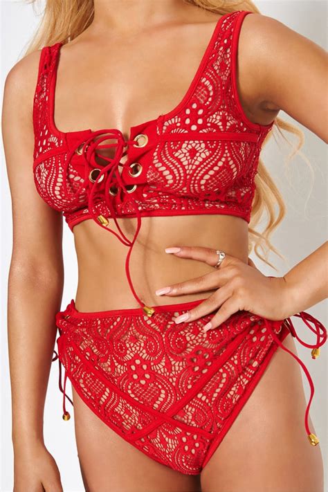 Cici Red High Waisted Lace Bikini The Fashion Bible