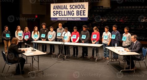 Annual School Spelling Bee Competition with Students and Judges