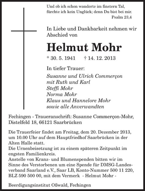 Traueranzeigen Von Helmut Mohr Saarbruecker Zeitung Trauer De