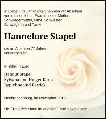 Traueranzeigen Von Hannelore Stapel Trauer Nordkurier