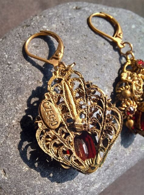 Vintage Czechoslovakian Filigree And Red Stone Dangle… Gem