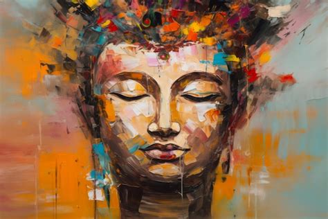 Pintura al óleo cara de Buda con textura abstracta en el fondo Pintura