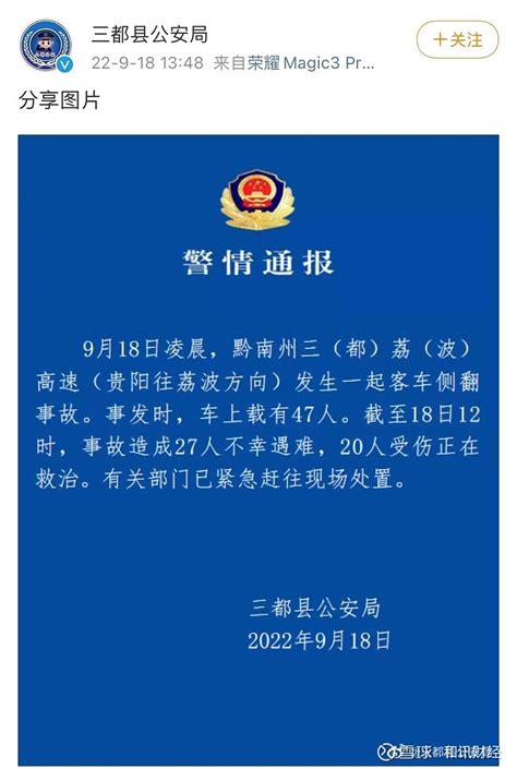 突发！贵州一客车发生侧翻事故，已致27人不幸遇难！ 据三都县公安局 消息，9月18日凌晨，黔南州三（都）荔（波）高速（贵阳往荔波方向）发生一