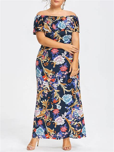 [21 Off] Plus Size Off Shoulder Floral Maxi Summer Dress Rosegal