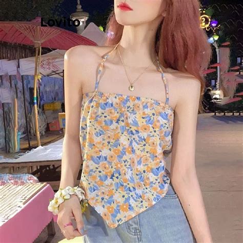 Lovito Women Casual Ditsy Floral Asymmetrical Lace Up Tank Top LNE39450