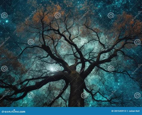 Double Exposure Tree And Starry Night Stock Illustration Illustration