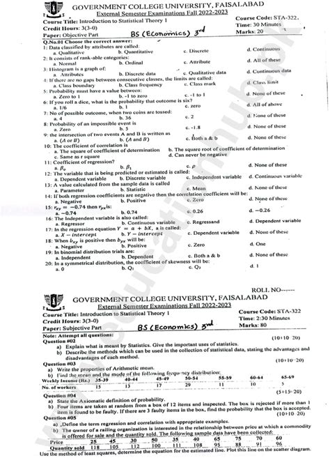 Sta 322 Introduction To Statistical Theory I Bs Program Gcuf Past Paper