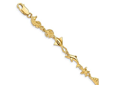 K Yellow Gold Polished And Textured Ocean Motif Link Bracelet