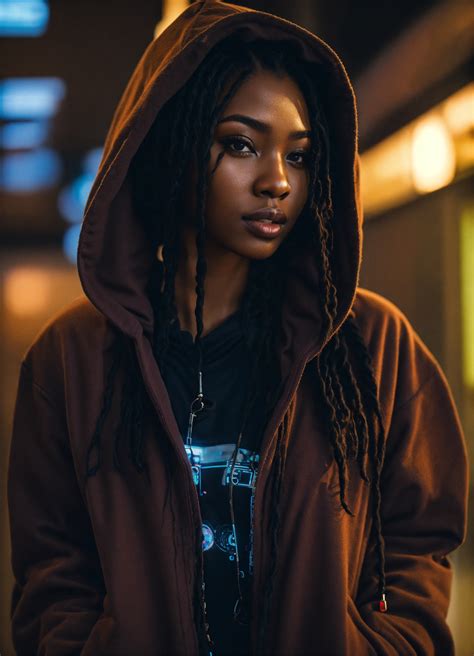 Lexica Brown Skin Ebony Hair Twists Cyberpunk Black Hoodie Woman