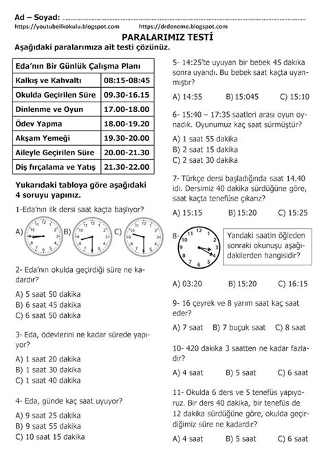 Sinif Saatler Test Matematik Saat Etkinlik G Nleri