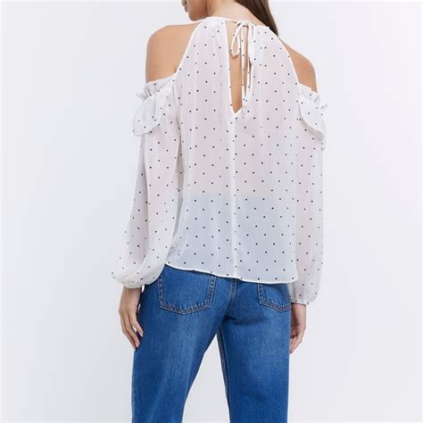 River Island Womens Blouse White Spot Cold Shoulder Corsage Chiffon