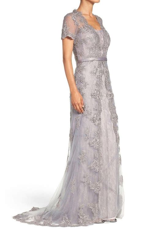 Cap Sleeves Lace Long Evening Gown Silver Mother Of The Brides Dress