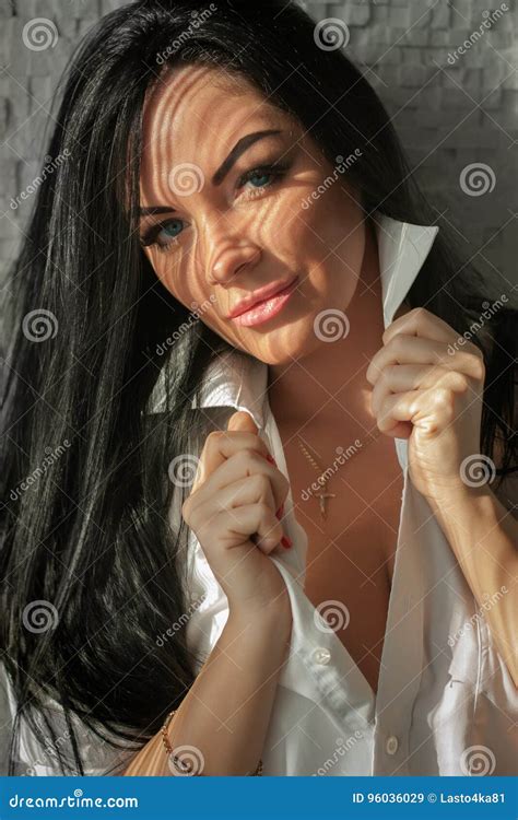 Portrait Of A Beautiful Brunette In A Man X S Shirt Stock Image Image Of Shirt Gleam