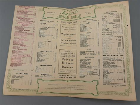 Early Original 1920s Famous Lyons Corner House Menu Appt To Hm