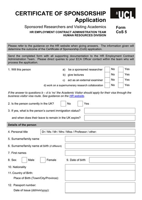 Certificate Of Sponsorship Application Form