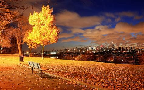 New York Autumn, fall, city, leaves, bench, colors, trees, clouds, HD ...