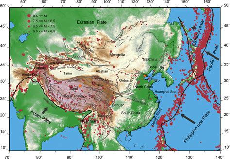 Tectonic map of East Asia. Thick black and gray lines are major plate ...