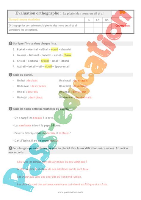 Evaluation Et Bilan Au Cm1 Sur Le Pluriel Des Noms En Ail Et Al Pdf à Imprimer