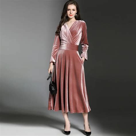 Elegant Blue V Neck Velvet Dress Winter Dresses Women Vestido Vintage Long Sleeve Ladies Dresses