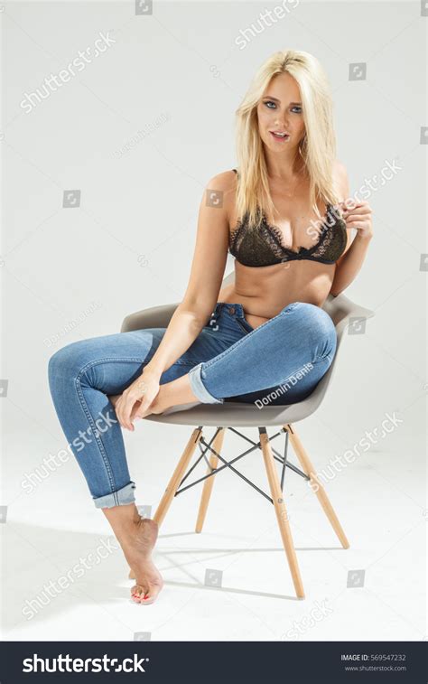 Beautiful Sexy Blonde Underwear Jeans Sitting Stock Photo Edit Now 569547232