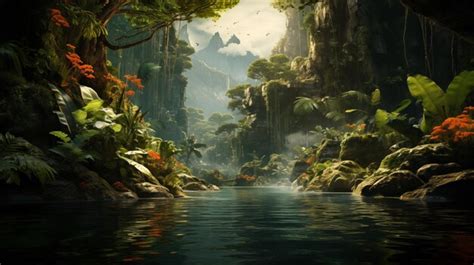 Premium Photo Majestic River Nestled Amidst Vibrant Tropical Foliage