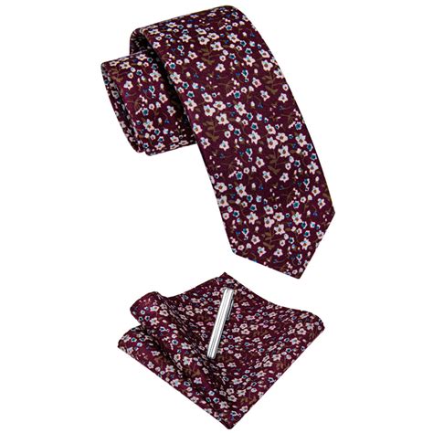 Red Floral Printed Skinny Tie Set With Tie Clip Yourties