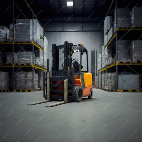 Premium Photo A Forklift Loads Pallets And Boxes Onto Racks In A Huge