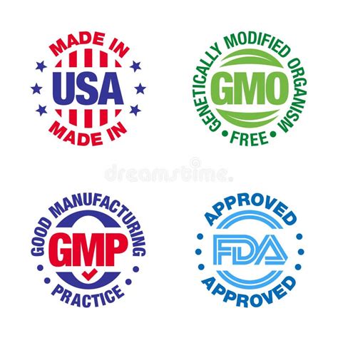 Four Product Badges Made In Usa Gmo Free Good Manufacturing Practice