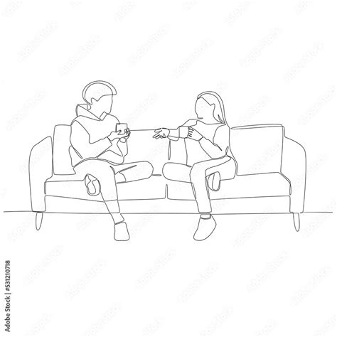 Continuous line drawing of two people relaxing on the sofa with a cup ...